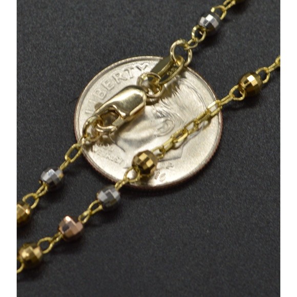 14k Solid Tr-iColor Gold Rosary Virgin Mary Jesus Cross Necklace 7.3 gr - Picture 4 of 5
